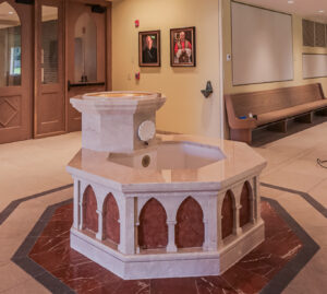 Baptismal Font at the Renovated St. Cecilia Catholic Church in Ames, IA